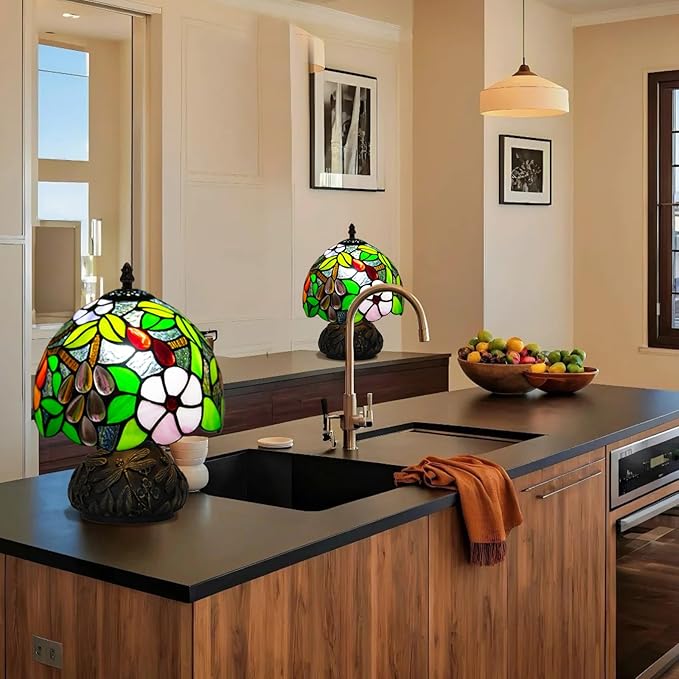 JHuiLap Small Tiffany Stained Glass Lamp, 3 Color Temperatures Bedside Lamp, 8 Inch Mushroom Desk Light for Bedroom Living Room Office Home Decor (Grape Pattern)