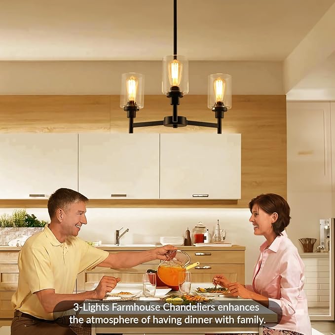 3 Lights Black Chandeliers for Dining Room Light Fixture Over Table, Entryway Chandelier for Foyer, Hallway Lighting Fixtures with Glass Shade for Dining Room Kitchen Island Foyer Hallway