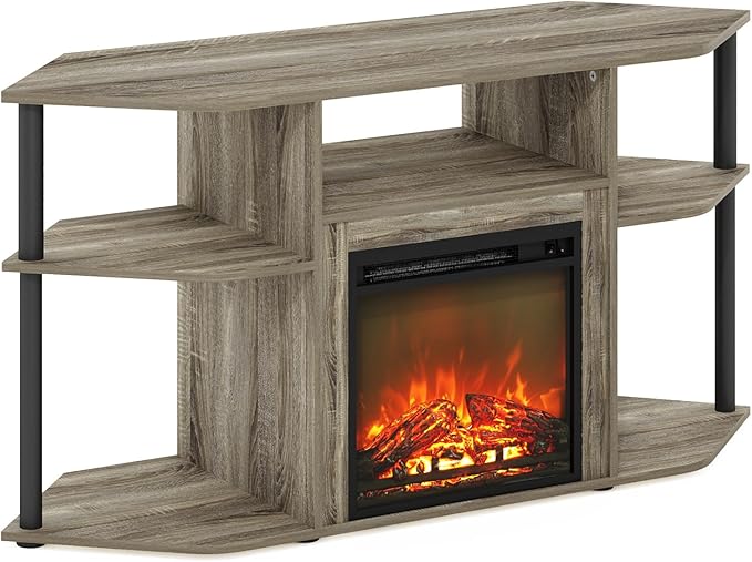 Furinno Jensen Fireplace TV Stand, Corner Entertainment Center, TV Console for TV up to 55 Inch with Fireplace, Plastic Poles and Open Storage, for Living Room, Bedroom, French Oak Grey