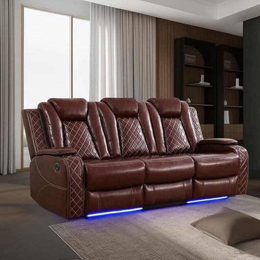 Power Leather Recliner Sofa with LED Light,84" Double Reclining Couch with Drop Down Table/USB Port/Storage Armrest,3 Seater Leather Couch for Living Room Furniture(Red,3 Seater Sofa)