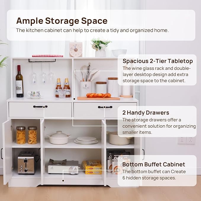 Sideboard Buffet Cabinet with Storage, 47'' Farmhouse Coffee Bar Cabinet, Kitchen Pantry Storage Cabinet with Doors and Shelves for Dining Room, Living Room, Kitchen, White