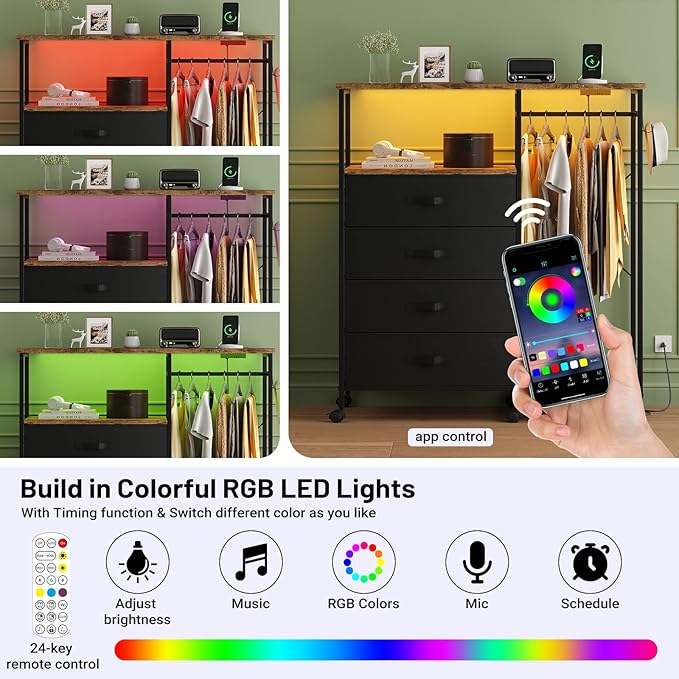 Dresser for Bedroom with Clothes Rack, 4 Drawers Dresser with Charging Station and LED Lights, Storage Chest of Drawers with Wheels, Wooden Top, for Closet, Living Room, Hallway, Rustic Brown