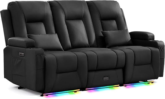 URRED Power Loveseat Recliner Sofa with Console, Wall Hugger Reclining Loveseat RV Couch with LED Light, 150° Zero Gravity Recliners Modular Couches for Living Room (Black, 77.3'' - 3 Seats)