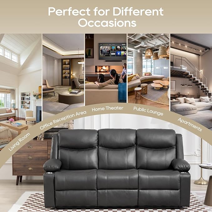 Manual Reclining Sofa - 3 Seat Recliner Sofa with Heat & Massage Function, Wall-Hugger Reclining Sofa for Living Room (Grey) | Cup Holder, Side pocket