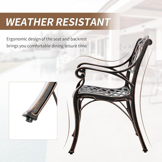 Cast Aluminum Patio Chairs, Outdoor Dining Chairs Set of 2, Patio Bistro Chairs 2 Piece with Armrests, Adjustable Feet for Balcony, Backyard, Garden