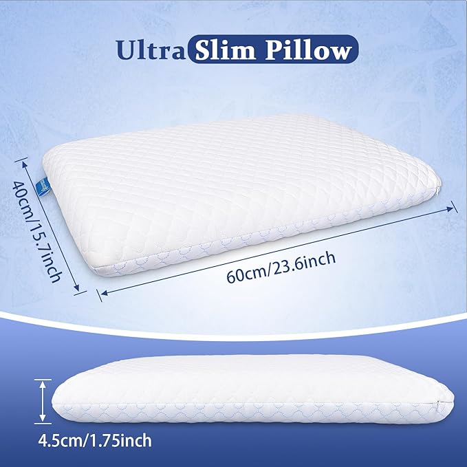 Thin Flat Pillow for Sleeping – 1.75" Ultra Slim Cooling Memory Foam Pillow for Stomach & Back Sleepers, Low Profile Neck Alignment Design with Soft Washable Cover,Supportive & Comfortable,16x24 Inch