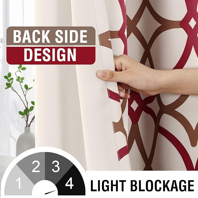H.VERSAILTEX Blackout Curtains Printed Design for Bedroom 84 Inch Length Thermal Insulated Curtains for Living Room Modern Grommet Window Drapes 2 Panels Set, Taupe and Red