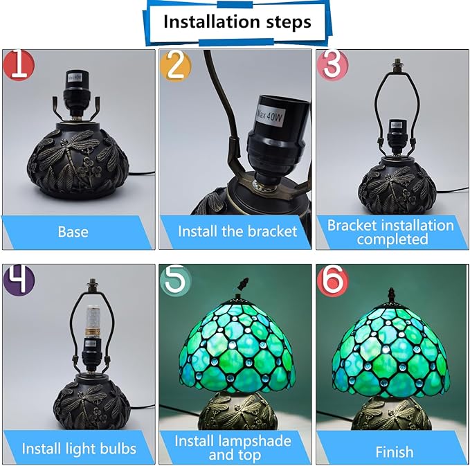 JHuiLap Small Tiffany Stained Glass Lamp, 3 Color Temperatures Bedside Lamp, 8 Inch Blue Pearl Beads Style Mushroom Desk Light for Bedroom Living Room Office Home Decor (Blue)