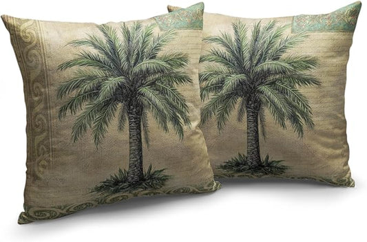 Palm Tree Pillow Covers 22x22 Set of 2 Hawaiian Tropical Leaf Decorative Throw Pillows Summer Vintage Outdoor Pillow Cases Cotton Linen Cushion Cover for Bed Couch Sofa Living Room