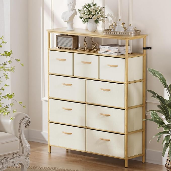 9 Drawer Fabric Dresser, Bamboo Fabric Drawer Dresser, Large Capacity Storage, for Bedroom and Living Room