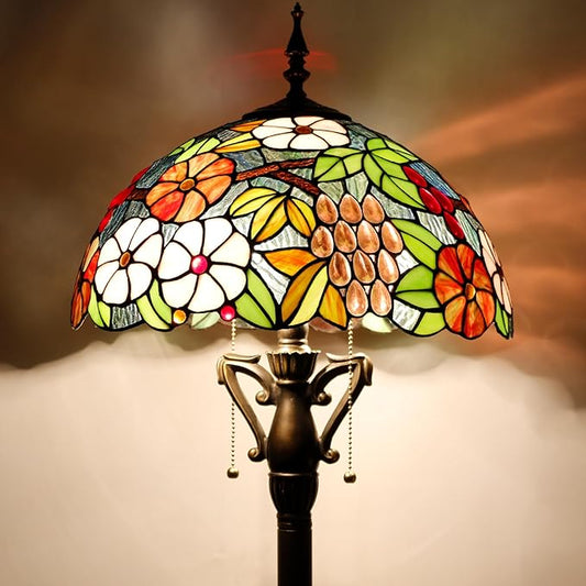 Tiffany Floor Lamp Green Purple Grape Stained Glass Standing Reading Light 16X16X66 Inches Antique Pole Corner Lamp Decor Bedroom Living Room