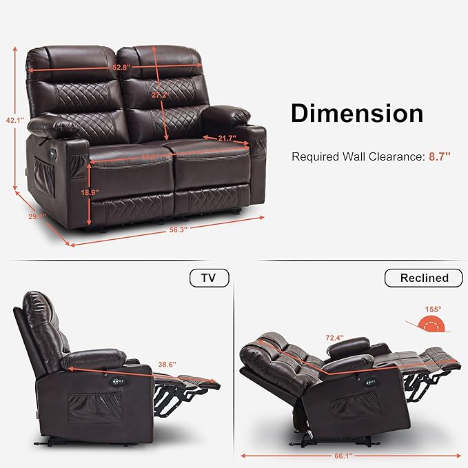 MCombo 56.3" Zero Gravity Power Loveseat Recliner with Heat and Vibration Massage, Reclining Loveseat Sofa with USB Ports, Cup Holders for Living Room, Faux Leather PR622Sets (Dark Brown)