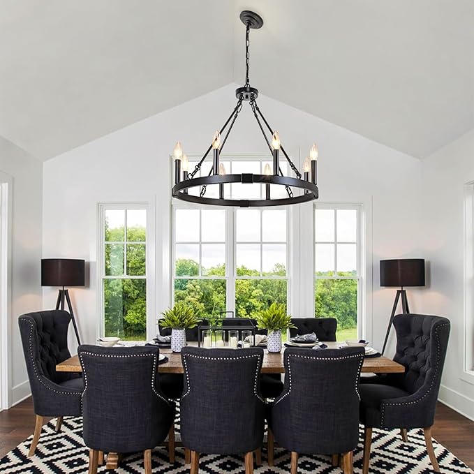 8 Light Wagon Wheel Chandelier, 23.6" Rustic Farmhouse Chandelier, Industrial Vintage Round Pendant Lighting for Dining Room Kitchen Living Room Foyer, E12 Socket
