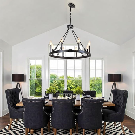 8 Light Wagon Wheel Chandelier, 23.6" Rustic Farmhouse Chandelier, Industrial Vintage Round Pendant Lighting for Dining Room Kitchen Living Room Foyer, E12 Socket