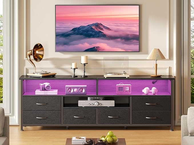 Furologee TV Stand for 65 70 Inch TVs, 63 Inch Entertainment Center Dresser for Bedroom, 6 Drawers Dresser with Power Outlets and LED Lights, Media Console with PU Leather Surface for Living Room