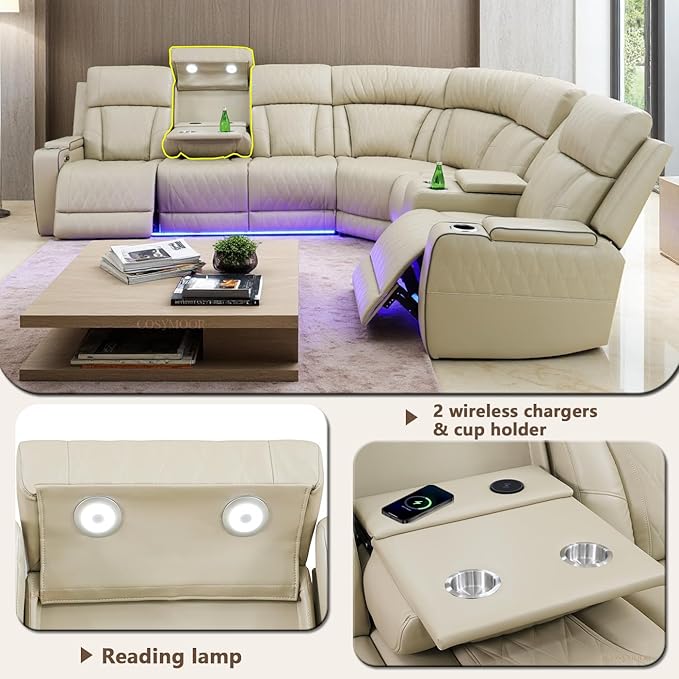 Power Recliner Sectional Sofa Set with LED, Breathing Leather Reclining Sectional Corner Couch & Chair, L-Shaped Home Theater Seating with Charging/Storage for Living Room