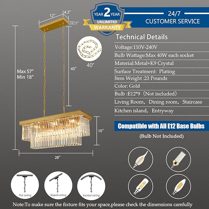 Crystal Chandeliers for Dining Room Light Fixtures Over Table，9-Lights Gold Modern Rectangle Chandeliers for Kitchen Island Bar L28 Inch