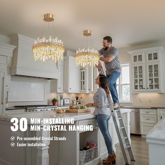 Luxury Crystal Chandeliers for Dining Room,14.9“ Gold K9 Crystal Chandelier,Adjustable Pendant Ceiling Light Fixture with Leaf-Edge for Living Room Foyer Entryway (Brass Gold 3, D15 H10)