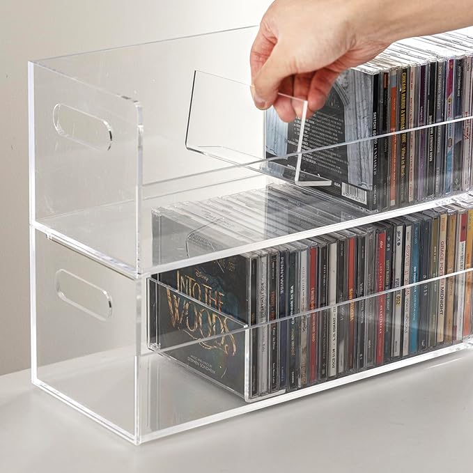 MyGift 2 Pcs Clear Acrylic CD Holder Racks, Stackable CD Storage Box, Music Disc DVD Display Cases, Modern Media Cassette Organizers with Cutout Carrying Handles
