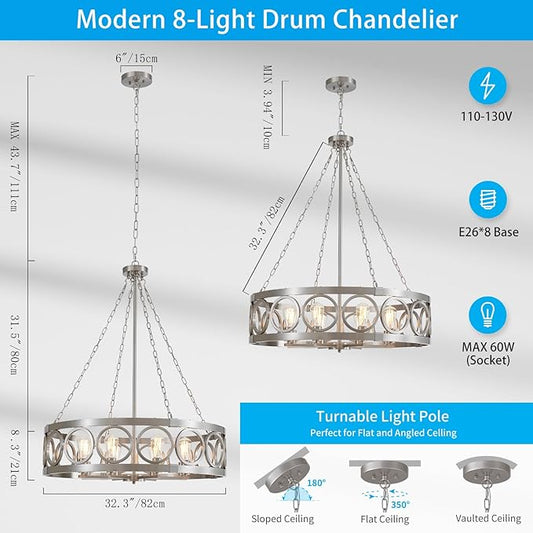 XINGQI 32.3" Large Drum Chandelier Modern Brushed Nickel 8-Light Rustic Farmhouse Round Pendant Lighting Fixture for Dining Room Living Room Office Kitchen Island