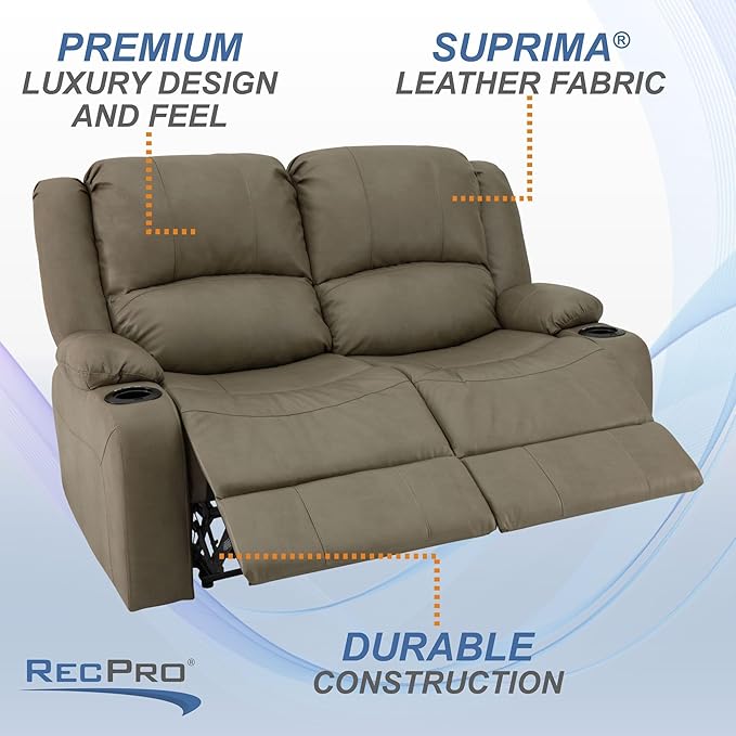 RecPro Charles 64" Powered Recliner RV Sofa with Console and Cupholders | Zero Wall Loveseat for Camper | Wall Hugger Couch with Upgraded 2023 Fabric (Putty)