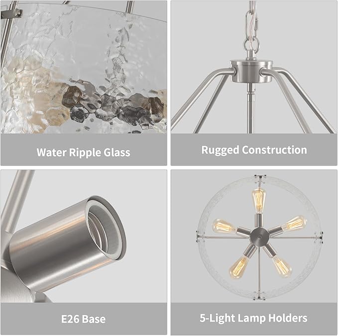 Glass Drum Chandelier for Dining Room 20'' Brushed Nickel Living Room Light Fixture 5-Light Kitchen Chandeliers Over Table Bedroom Light Fixture for Dining Room Hallway Foyer Kitchen