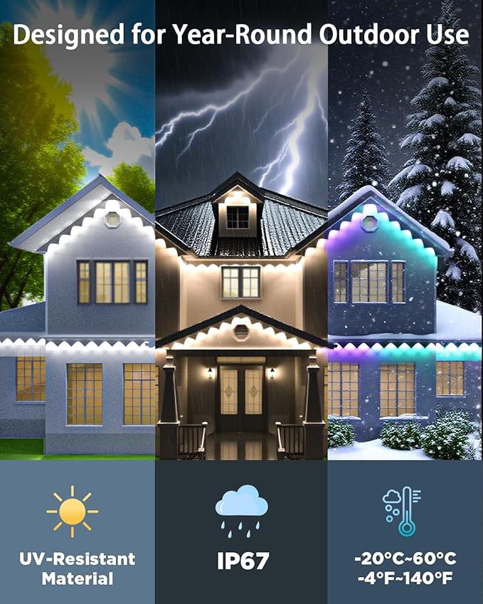 Permanent Outdoor Lights Pro,100ft RGB+IC Smart Outdoor Decor,App/Remote,Christmas,Halloween,Multi Scene Modes,IP67 Waterproof,Eaves Light with Daily & Holiday Party Decor,House Roof Lighting