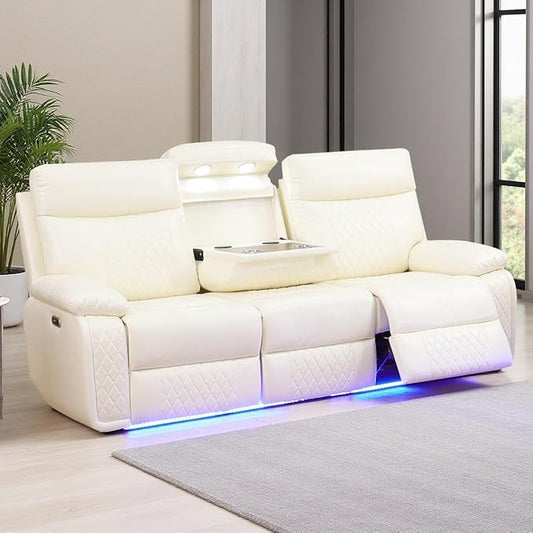 Power Recliner Sofa Couch with LED, Breathing Leather Reclining Couch, Living Room Furniture Sets, Recliner Furniture with Cup Holders/Charging for Home Theater/Office, Cream White(3 Seater)