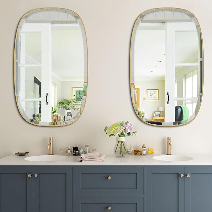 POZINO Brushed Gold Beveled Mirror, 24"x40" Modern Rectangle Mirrors with Stainless Steel Frame, Brass Oblong Vanity Wall Mirror for Bathroom Living Room Entryway, Hangs Vertically or Horizontally