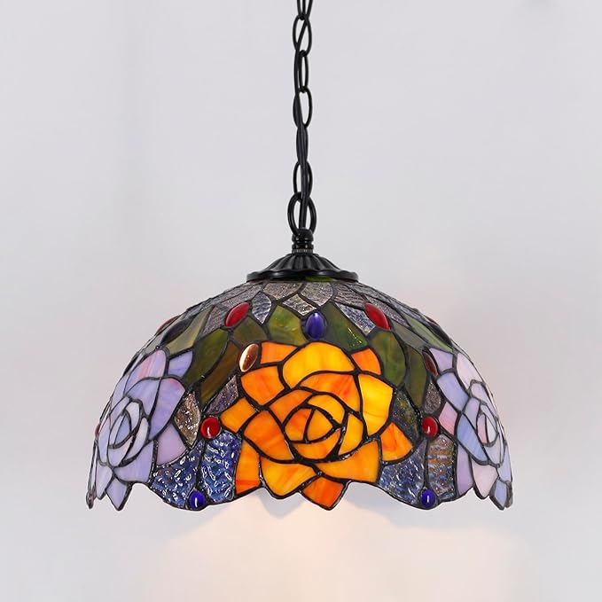 Tiffany Pendant Light Plug in 12 Inch Orange Red Rose Flower Stained Glass Hanging Lamp with Chain 33 Inch, Cord 15 Feet