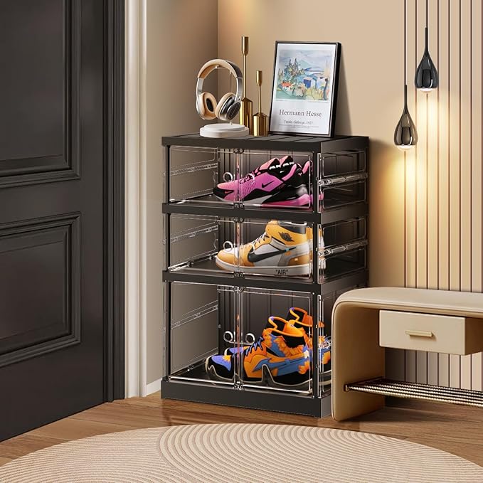 3 Tier Foldable Shoe Rack for Closet Entryway 3-6 Pairs Stackable Clear Shoe Storage Boxes with Lids Small Shoes Shelf with Door Plastic Organizer Cabinet Easy Assembly Black