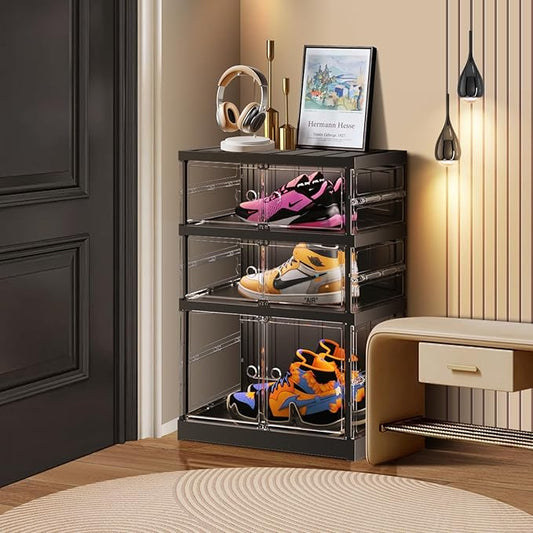 3 Tier Foldable Shoe Rack for Closet Entryway 3-6 Pairs Stackable Clear Shoe Storage Boxes with Lids Small Shoes Shelf with Door Plastic Organizer Cabinet Easy Assembly Black