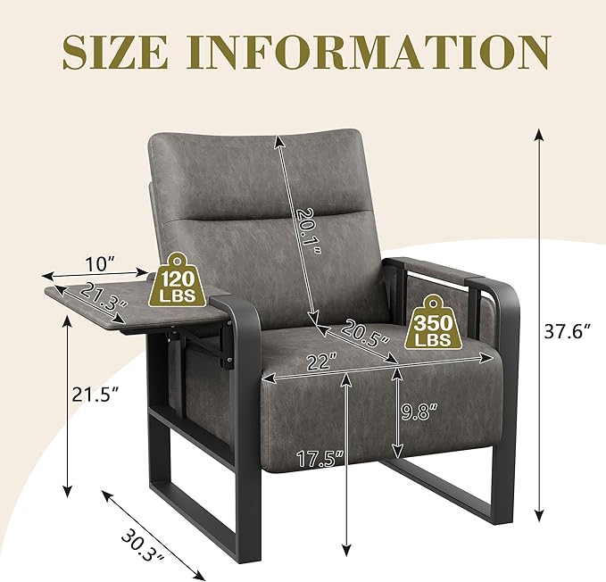 Modern Accent Chair with Side Table PU Leather Upholstered Armchair for Bedroom Leisure Living Room Chairs Office Chair Grey