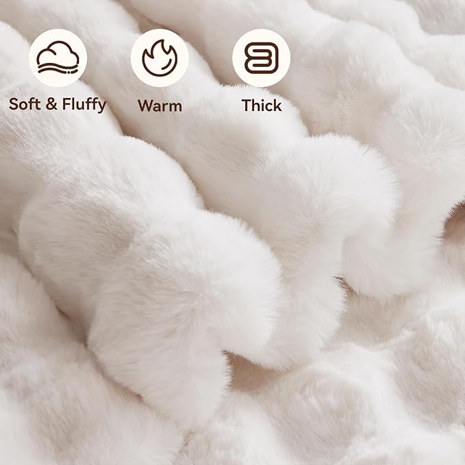 Faux Fur Throw Blanket, 1000GSM Fluffy Soft Bubble Blanket for Couch Bed, Cozy Plush Warm and Thick Blanket, Fuzzy Rabbit Throw for Living Room Bedroom 80''*90'' White