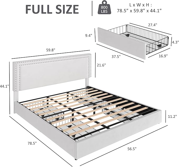 VECELO Full Size Upholstered Platform Bed Frame with 4 Storage Drawers, Adjustable Velvet Rivet Decor Headboard, Wooden Slats Support, No Box Spring Needed, Easy Assembly
