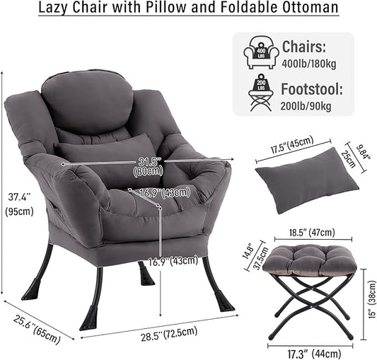 Lazy Chair with Ottoman, Modern Accent Chair with Lumbar Pillow, Dark Grey Sofa, Armchairs with Folding Footrest, Oversized Supportive Chairs for Bedroom, Reading