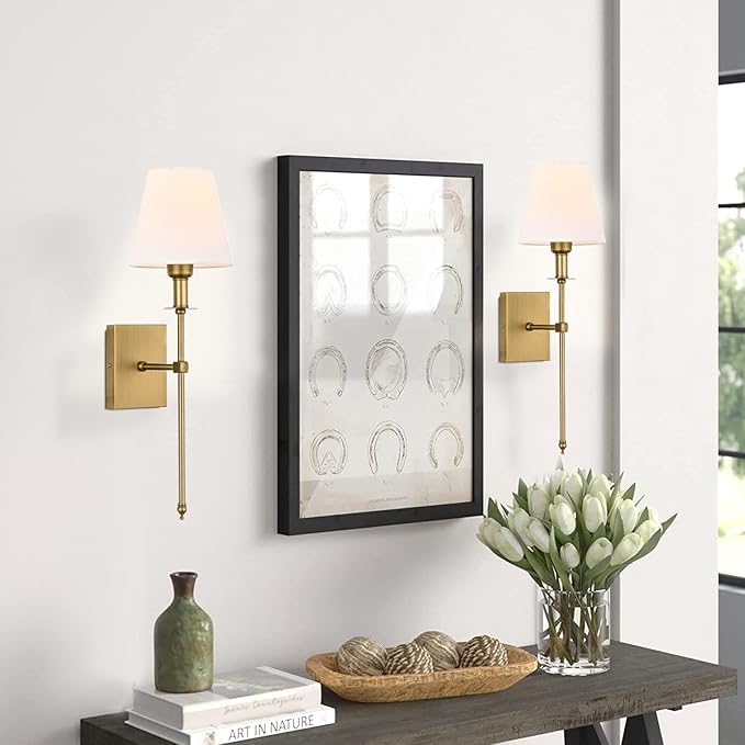 Pauwer Hardwired Wall Sconces Set of 2 - Professional Installation Required - White Fabric Shade Indoor Wall Lamp Column Stand Bedroom Bathroom Vanity Wall Light Fixture, Antique Brass
