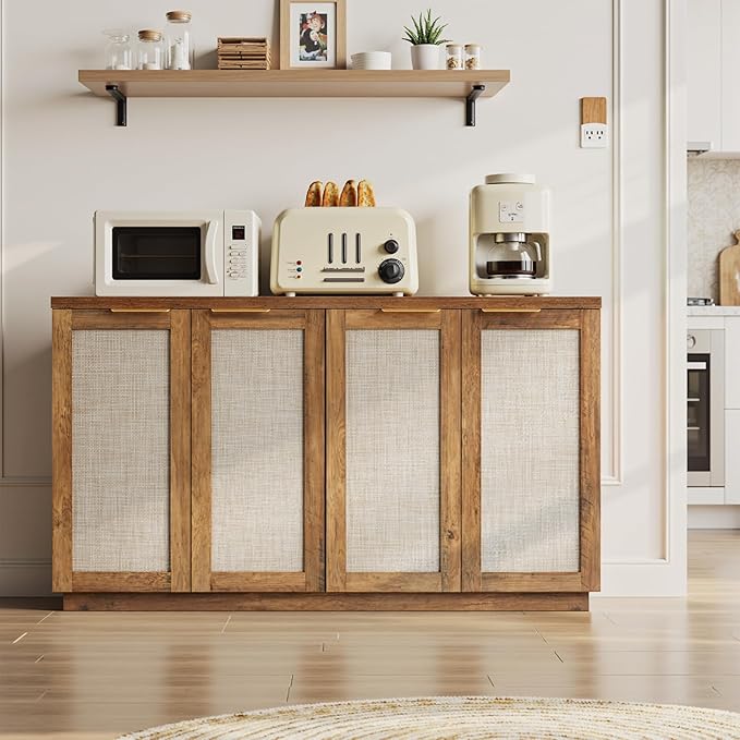 HOMMPA 55'' Sideboard Buffet Cabinet with Storage Boho Kitchen Buffet Cabinet with 4 Doors and Adjustable Shelves, Rattan Credenza Wood Coffee Bar Cabinets/Table for Living Room, Hallway & Kitchen