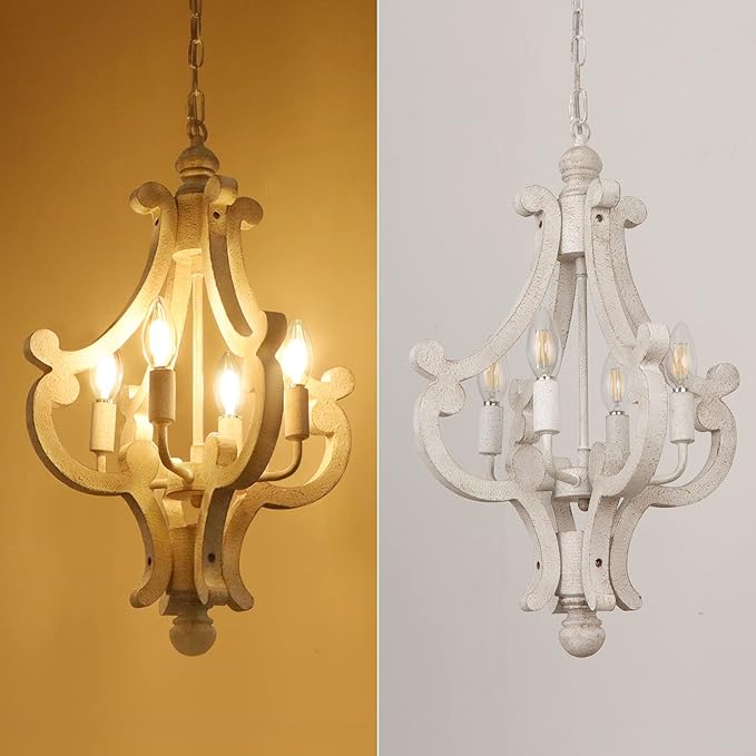 French Country Chandelier, 4-Light Rustic Farmhouse Distressed White Chandeliers for Dining Room, Modern Wood Kitchen Light Fixtures, Hanging Light Fixture for Bedroom Entryway Island