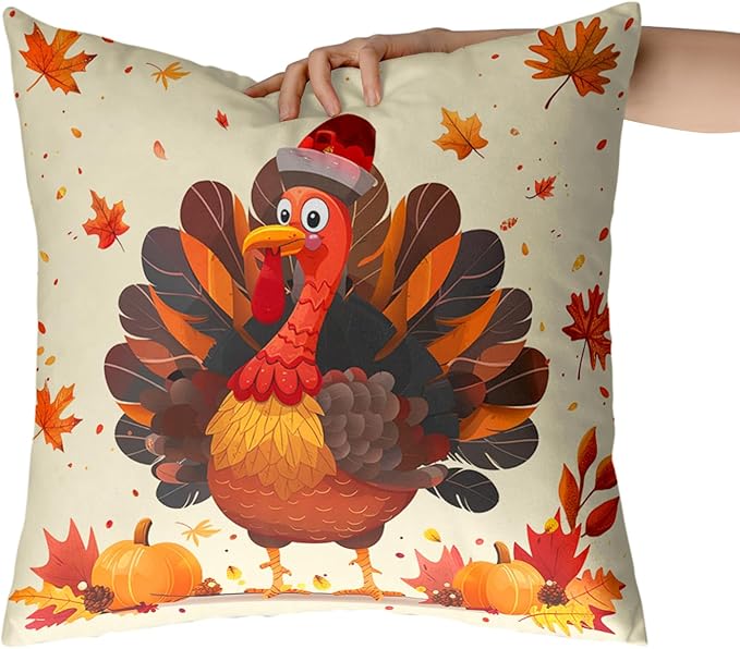 Thanksgiving Fall Pillow Covers 22x22 Happy Thanksgiving Turkey Pumpkin Maple Leaf Print Pillow Cases Set of 2 Orange Autumn Outdoor Pillowcase Thanksgiving Holiday Decor for Home Couch