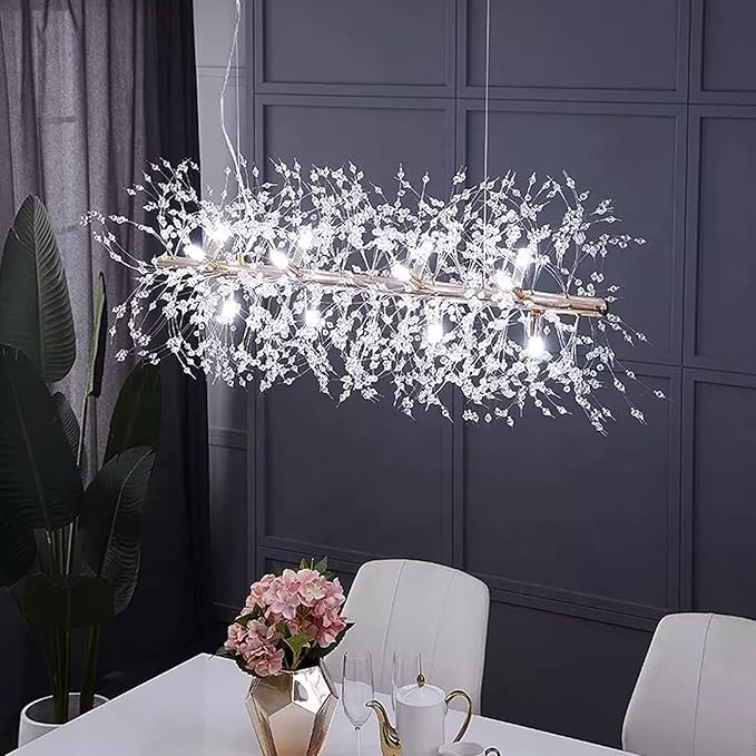 Modern Crystal Firework Chandelier, Linear Dining Room Lighting Fixtures Hanging, Chrome Dandelion Chandelier LED Pendant Lighting for Dining Room, Bedroom, Living Room (12-Light, 35.5")
