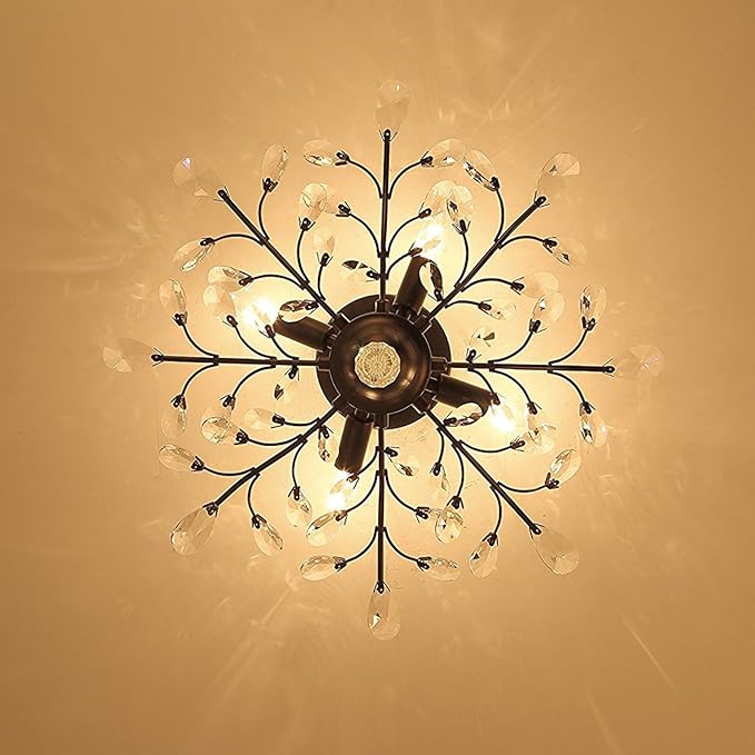 SEOL-Light 24.5" Dia 4-Light Vintage Crystal Branch Close to Ceiling Light Fixture Black Chandelier Flush Mount,E12,160W,for Bedroom,Kitchen,Living Room;