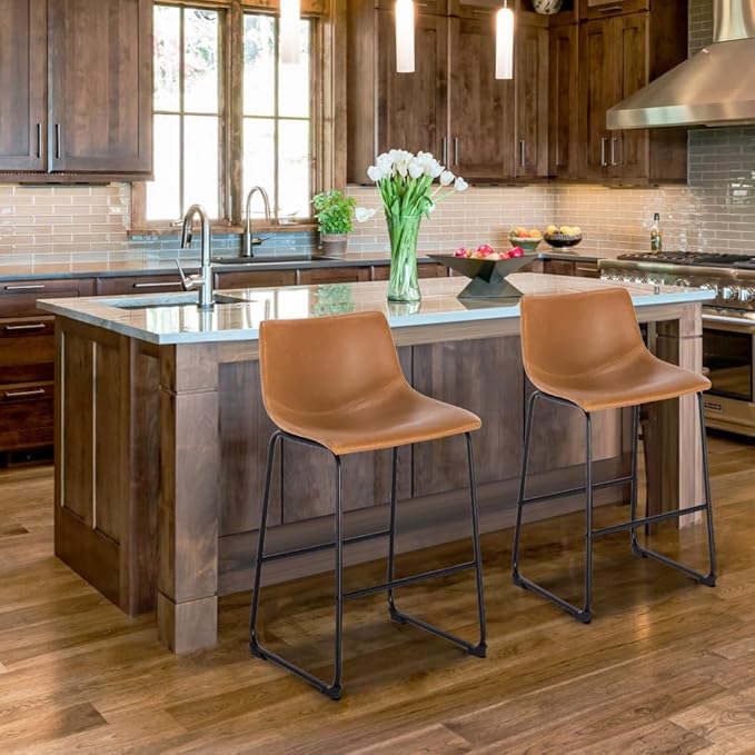 POLY & BARK Brinley Counter Stool Set of 3, Modern Armless Counter-Height Stools with Gently Curved Backrest and Wood Legs, Tan Faux Leather, for Kitchen Island or Breakfast Bar, 24" seat height