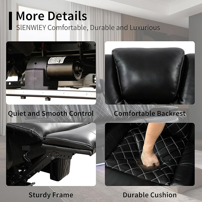 Power Leather Recliner Sofa with LED Light,84" Double Reclining Couch with Drop Down Table/USB Port/Storage Armrest,3 Seater Leather Couch for Living Room Furniture(Black,3 Seater Sofa)
