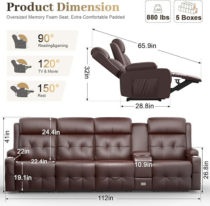 Recliner Sofa, Massage Reclining Sofa 4 Seater Sets Heavy Weight Capacity, RV Loveseat Couch Clearance with Console, USB, Type C Port, Storage, Cup Holders, Wall Hugger Chair for Living Room