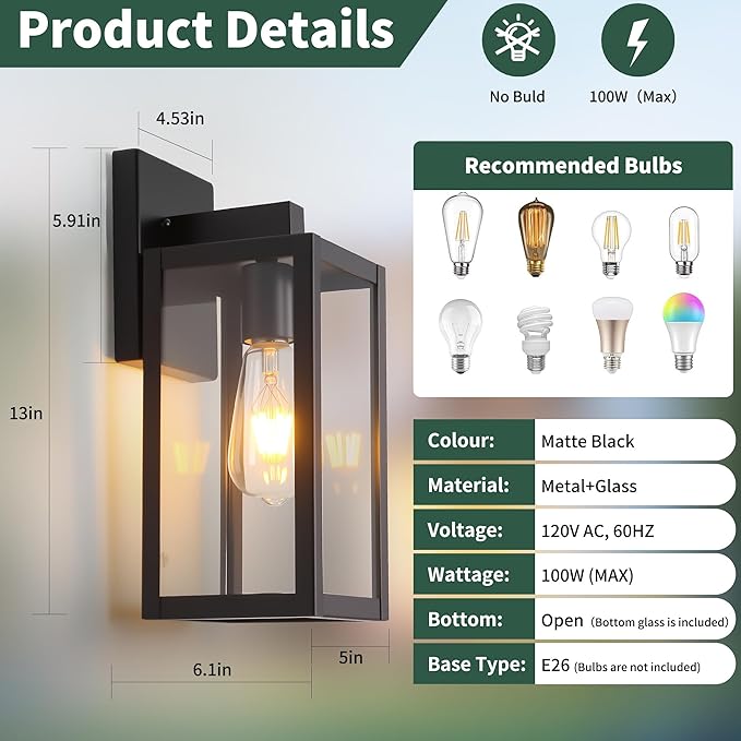 Outdoor Wall Light Fixtures Exterior Waterproof Porch Lights Outdoor Anti-Rust Wall Lantern with Clear Glass Patio Sconce Light - 2 Pack