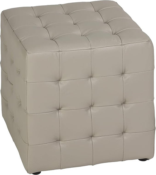Cortesi Home Charli Tufted Cube Ottoman in 100% Genuine Leather, Light Grey
