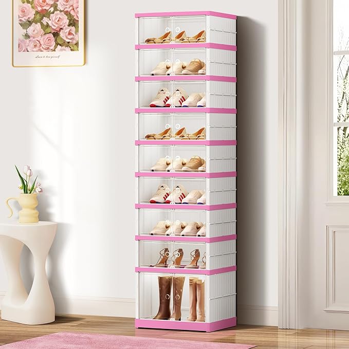 9-Tier Foldable Shoe Rack Organizer for Closet,18 Pairs Collapsible Plastic Shoe Shelf,Clear Stackable Shoe Storage Boxes with Door Easy Assembly,Shoe Cabinet with Lids Large（White-Pink）