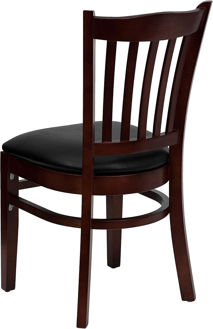 Flash Furniture HERCULES Series Vertical Slat Back Mahogany Wood Restaurant Chair - Black Vinyl Seat