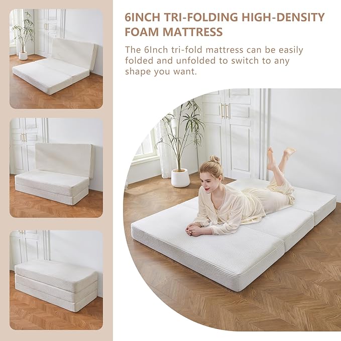 BYBYME Tri-Folding Corduroy Mattress, 6 Inches Gel Folding Mattress Topper, Foldable Soft Guest Bed Camping Pad, Washable Cover (Beige, Full)